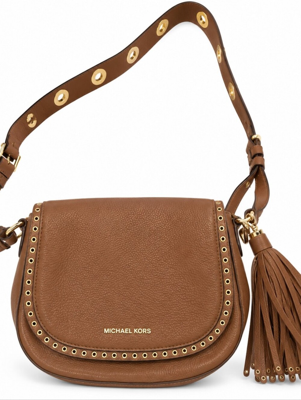 Michael Kors Brown (Luggage) Leather Shoulder Bag with Studded Trim & Tassel